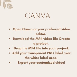 May include: A beige background with brown text outlining how to add a custom label to a video using Canva. The text reads: "CANVA Open Canva or your preferred video editor. Download the MP4 video file Create a project. Drag the MP4 file into your project. Add your transparent PNG label over the white label area. Export your customized video!"