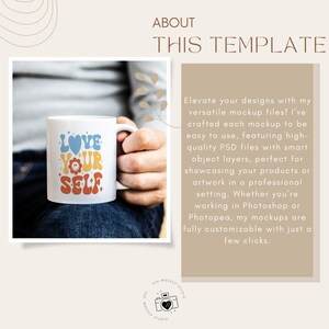 May include: A white ceramic mug held by a person, featuring the text "LOVE YOUR SELF" in blue, yellow, orange, and red. The mug has a retro design with a heart, flower, and smiling face. The mug is a mockup template.