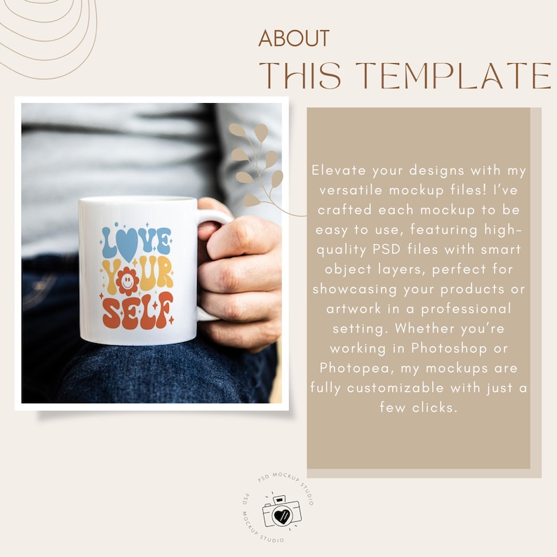 May include: A white ceramic mug held by a person, featuring the text "LOVE YOUR SELF" in blue, yellow, orange, and red. The mug has a retro design with a heart, flower, and smiling face. The mug is a mockup template.