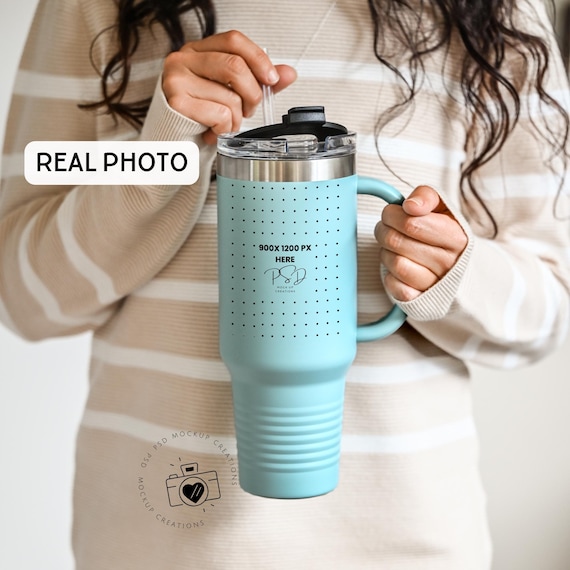 Teal Travel Mug Mockup Insulated Travel Mug 40z tumbler mockup Teal Travel Mug Printify Real Photo Mockup Smart Mock PSD Tumbler Mockup