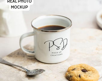 Enamel Mug Mockup PSD: Silver Rim Camp Mug, Editable Design