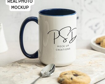 15oz marineblauwe accentmok mockup | Printify-compatibel (PSD, JPG, PNG)