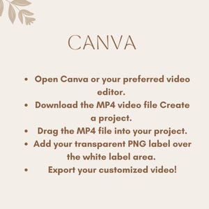 Op de afbeelding: Een tekstuele handleiding over het toevoegen van een aangepast label aan een video met behulp van Canva. De stappen omvatten het openen van Canva, het downloaden van een MP4-videobestand, het maken van een project, het slepen van het MP4-bestand naar het project, het toevoegen van een transparant PNG-label over het witte labelgebied en het exporteren van de aangepaste video.