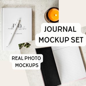 May include: A journal mockup set featuring a closed white notebook with a pen, an open notebook with lined pages and a black interior cover, and two lit orange candles. The text reads JOURNAL MOCKUP SET, REAL PHOTO MOCKUPS, and PSD mockup studio.