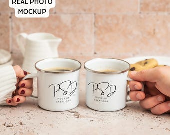 White Enamel Mug Mockup PSD, Silver Rim, Printify Compatible Two Mugs