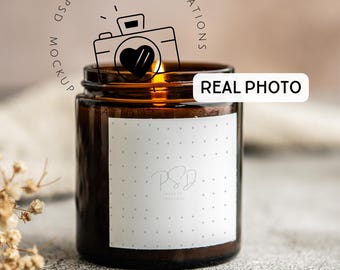 4 Unzen Bernstein Kerzen Mockup mit Smart Layers Smart Mock Candle Label Mockup Ästhetische Kerze Photopea PSD Printstifte Kerze Mockup