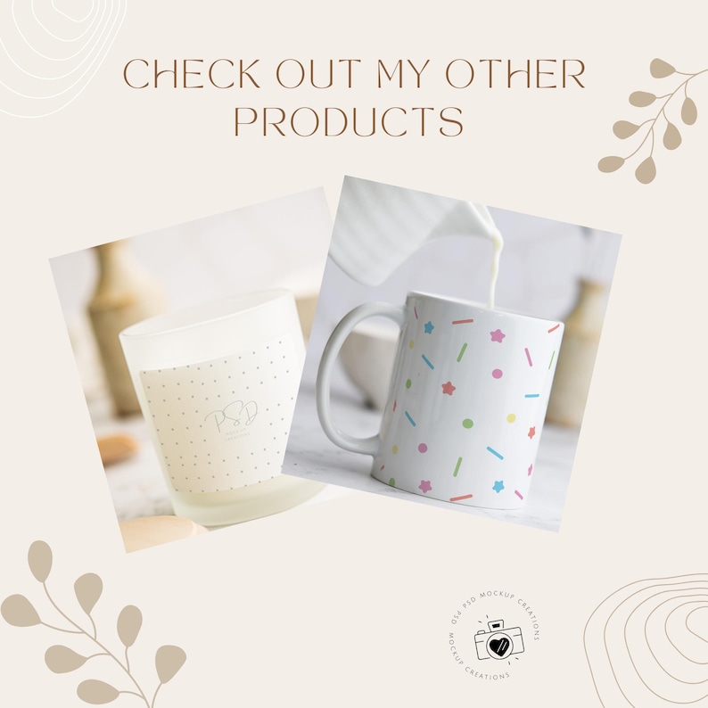 May include: Image features a white mug with colorful star and confetti designs, and a frosted glass with a dotted pattern. The text "CHECK OUT MY OTHER PRODUCTS" is at the top. The image has a neutral, soft aesthetic.