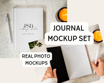 Journal Mockup Set, Matte Hardcover Journal Mockup, Real Photo Journal Mockup, Open Journal with Hands Styled Stock Photo, Photopea PSD