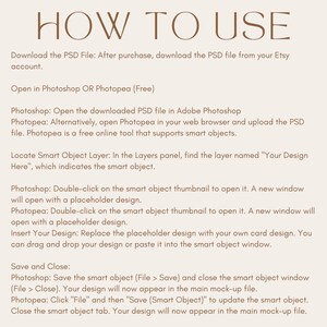 May include: A beige graphic with the words "HOW TO USE" in a brown serif font. Below, instructions detail how to use a PSD file in Photoshop or Photopea, including opening, locating smart objects, and saving designs.