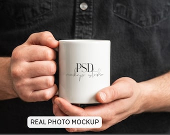 11oz White Mug Mockup | Plain White Ceramic Mug Held in Mens Hands | Masculine Coffee Mug PSD Photoshop Photopea Mockup