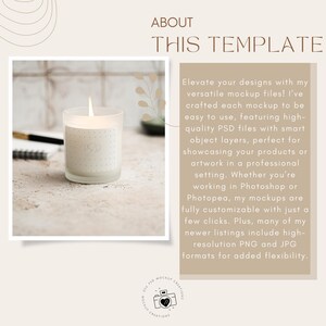 May include: A lit white candle in a frosted glass jar with a dotted pattern and a logo. The image includes text that says "ABOUT THIS TEMPLATE" and "Elevate your designs with my versatile mockup files!"