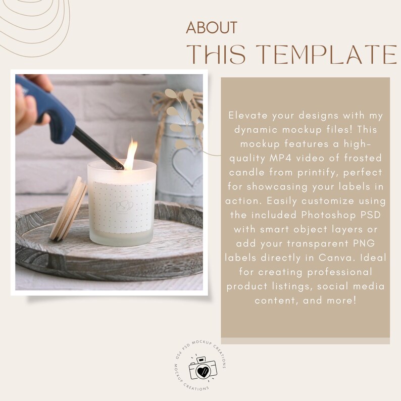 May include: A frosted glass candle with a white label and white polka dots is lit with a lighter. The candle is on a wooden tray with a lid. The image is a mockup for product listings, social media content, and more.