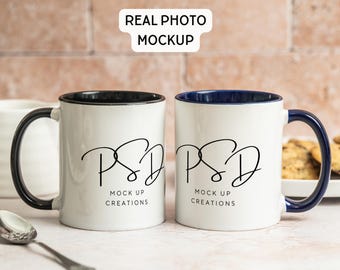 11oz Mug Mockup PSD | Navy & Black Handle Coffee Cup (Printify Compatible, Real Photo)