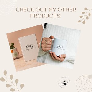 May include: The image features a white mug and a box, both with the text "PSD mockup studio". The mug is held by a person wearing a white sweater. The text "CHECK OUT MY OTHER PRODUCTS" is at the top.