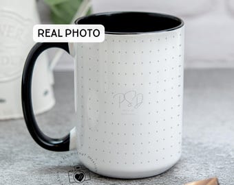 Maqueta de taza negra de 15 oz Maqueta de taza con acento negro Maqueta de taza de 15 onzas Maqueta de taza de Printify Maqueta de taza de café Photopea Objeto inteligente de Photoshop