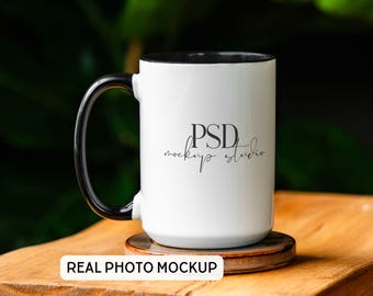 15oz mokmodel zwart accent Printify mokmodel PSD, mokmodel met zwart handvat, koffiemokmodel, Etsy-verkopermodel
