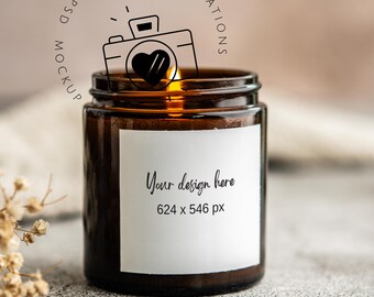 Kleine 120 ml Bernstein Kerze Mockup mit Smart Layers Smart Mock Candle Label Mockup Ästhetische Kerze Photopea PSD Printstifte Kerze Mockup