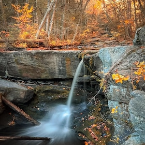 Woodland Autumn Waterfall, Waterfall Photo Art, Autumn Photography, Fall Nature Art, Autumn Nature Photo, Waterfall Photography