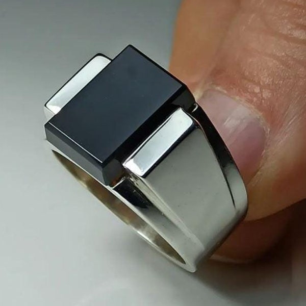 Natural Square Shape Black Agate Sterling Silver 925 Handmade Men Ring, Elegant Men Black Aqeeq Ring, Anniversary Gift
