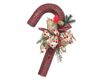 Metallic Tartan Candy Cane Wreath Door Hanger | White Holiday Decor | Gold Colorful Glitter | Modern Christmas Decor | Decoración Navidad