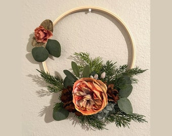 Modern Hoop Wreath Floral  | Indoor Wooden Hoop Wreath | Wooden Hoop | Fall Home Decor | Corona de aro | Corona de flores moderno