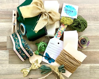 Gift Wrapping Kit - Natural Garden Gift Packaging Kit - Floral Nature  Upcycled Materials - Theme Gift Toppers - Bows Ribbon Tags Accents