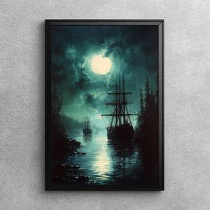 Gothic Ships in the Moonlight | Dark Cottagecore, Gothic Home Decor, Moody Wall Art, Halloween Printable, Nautical Wall Art