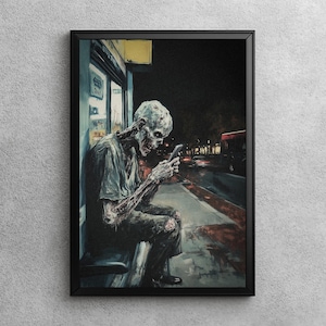 Modern Zombie | Moody Halloween Wall Art, Spooky Zombie Print, Macabre Dark Cottagecore Decor, Oil Painting of Zombie