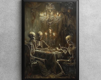 Skeleton Poker Night | Spooky Skeletons Wall Art, Halloween Oil Painting, Gothic Skeleton Art, Dark Academia Aesthetic, Haunted House Decor