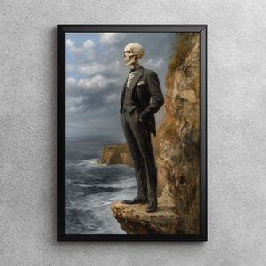 Eternal Contemplation | Victorian Skeleton Oil Painting, Halloween Wall Decor, Spooky Dark Academia Art, Moody Skeleton Artwork