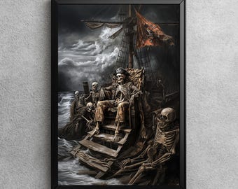 Pirate Skeleton Crew | Spooky Halloween Wall Art, Gothic Pirate Decor, Dark Academia Skeleton Painting, Haunted Ship Art