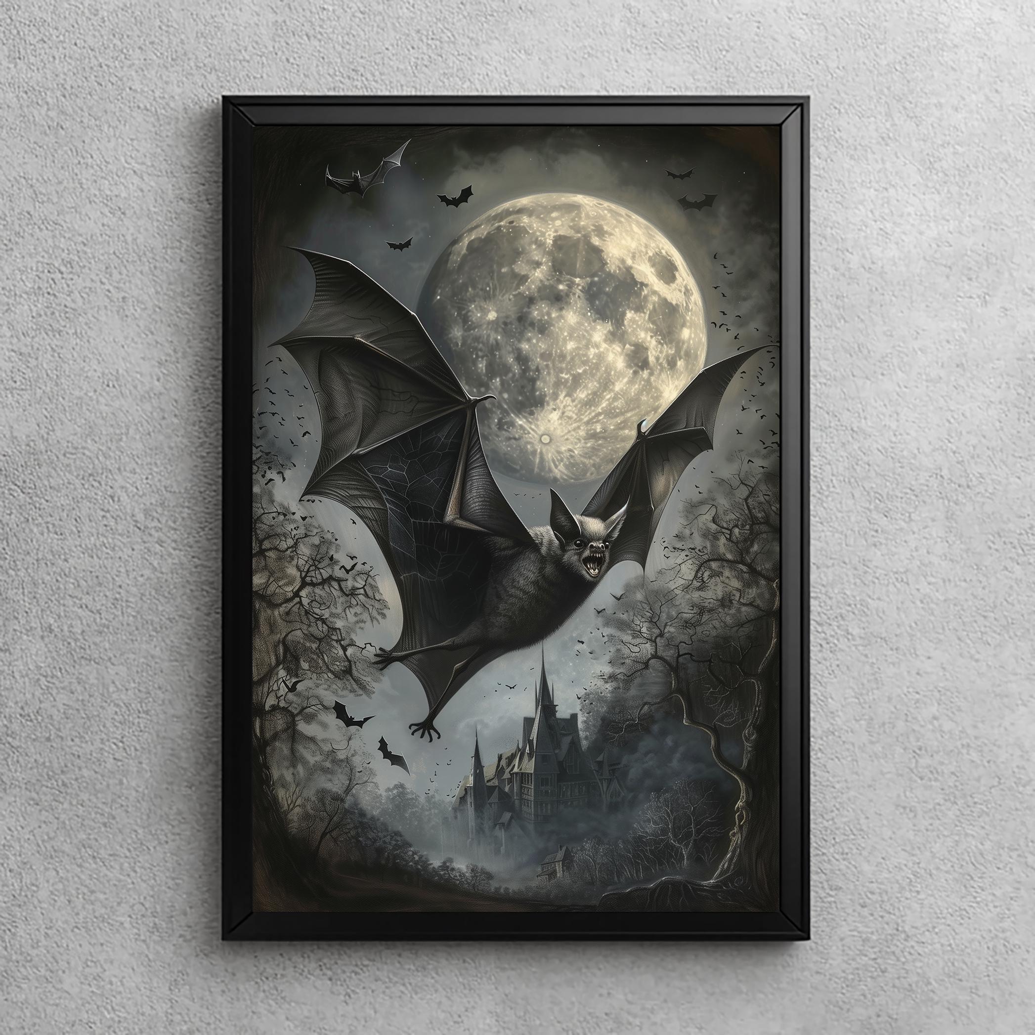 Haunting Bat in Moonlit Sky | Gothic Bat Wall Art, Dark Academia Print, Spooky Halloween Decor, Printable Bat Oil Painting