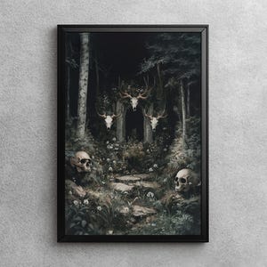 Mystical Forest Skulls | Haunted Woods Oil Painting, Spooky Wall Art for Gothic Decor, Dark Academia Home Decor, Dark Cottagecore Artwork