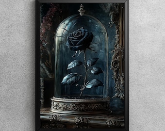 Gothic Rose under Glass | Dark Botanical Oil Painting, Moody Vintage Art for Gothic Home Decor, Dark Cottagecore Artwork