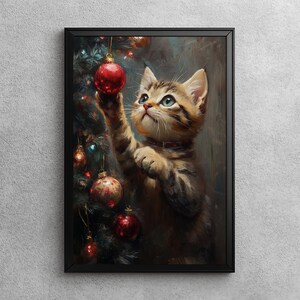 Curious Paws: Holiday Whimsy | Christmas Wall Art, Vintage Christmas Decor, Christmas Cat Oil Painting, Cat Lover Gift, Xmas Printable Art