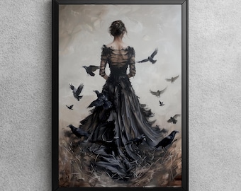 Lady of the Crows | Dark Gothic Art Print, Victorian Witchy Decor, Dark Academia Aesthetic, Raven Oil Painting, Dark Romance Fantasy Art