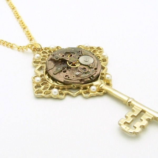 The Golden Key Steampunk Necklace with Rose Gold Movement by TheSteamPunkTrunk