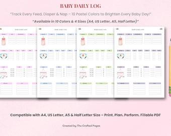 Baby Daily Log – Printable & Fillable PDF-4 Sizes-10 Colors