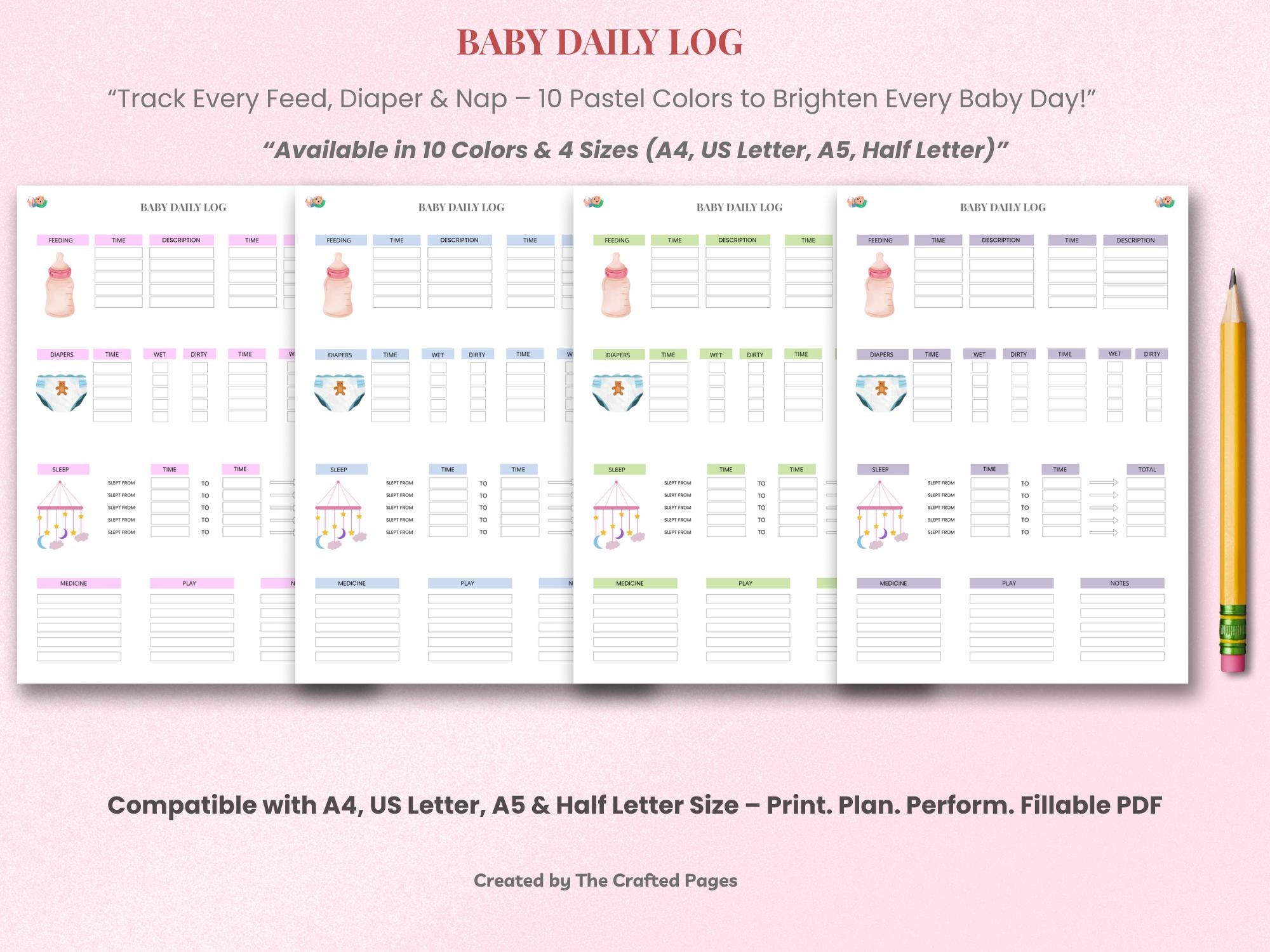 Baby Daily Log – Printable & Fillable PDF-4 Sizes-10 Colors - Etsy