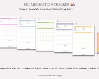 Pet Medication Tracker: Printable PDF, Multiple Colors & 4 Sizes- 10 Colors