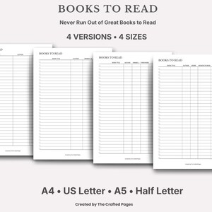 Könnte beinhalten: Vier weiße digitale Buch-Tracker-Vorlagen mit schwarzem Text und Linien. Jede Seite enthält die Überschrift BOOKS TO READ, eine Checklisten-Spalte und verschiedene Kategoriefelder wie Buchtitel, Autor und Notizen. Text: 4 VERSIONS 4 SIZES.