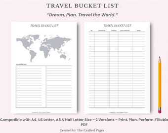 Travel Bucket List Printable | World Map & Checklist | 2 Versions-4 Sizes | Fillable PDF