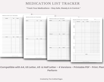 Medication List Tracker – 4 Versions, 4 Sizes – Printable & Fillable