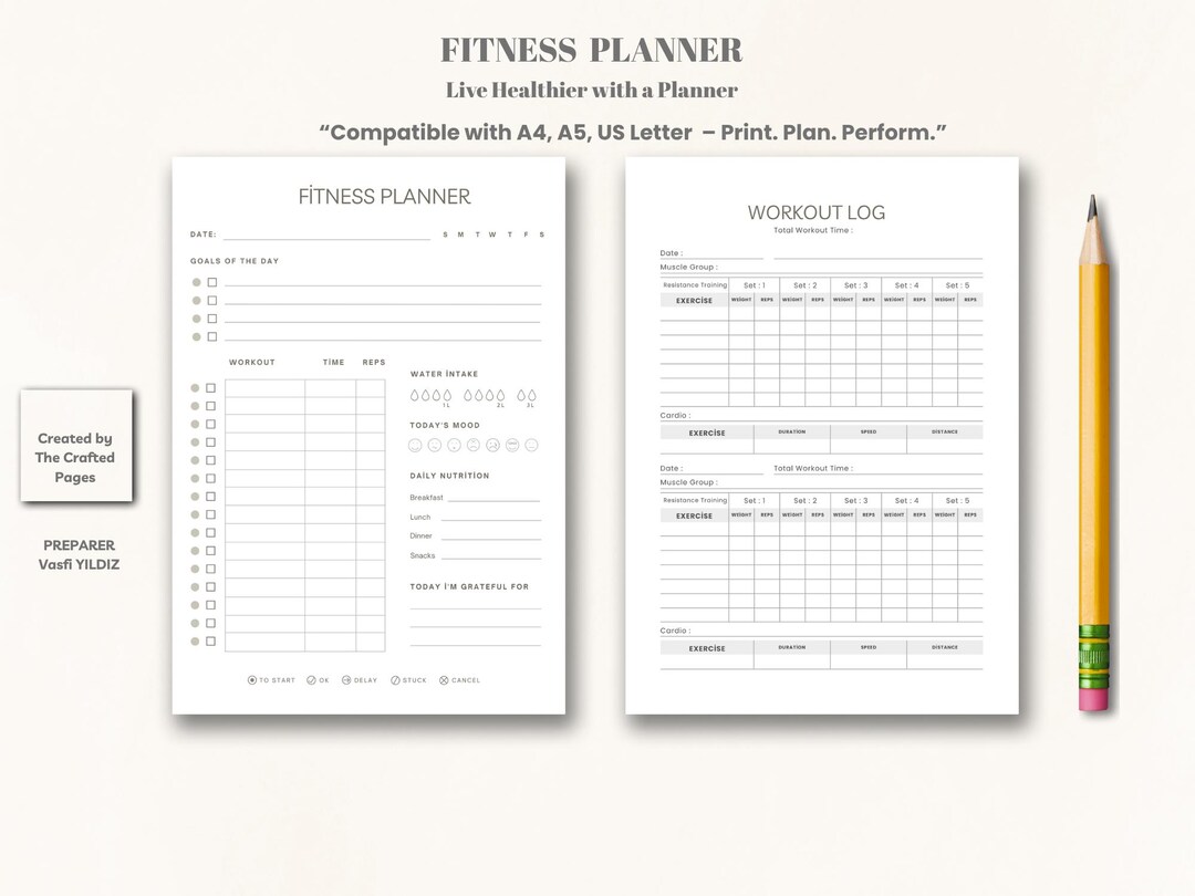 Printable Fitness Planner: Workout Log & Habit Tracker (A5/A4/US Letter ...