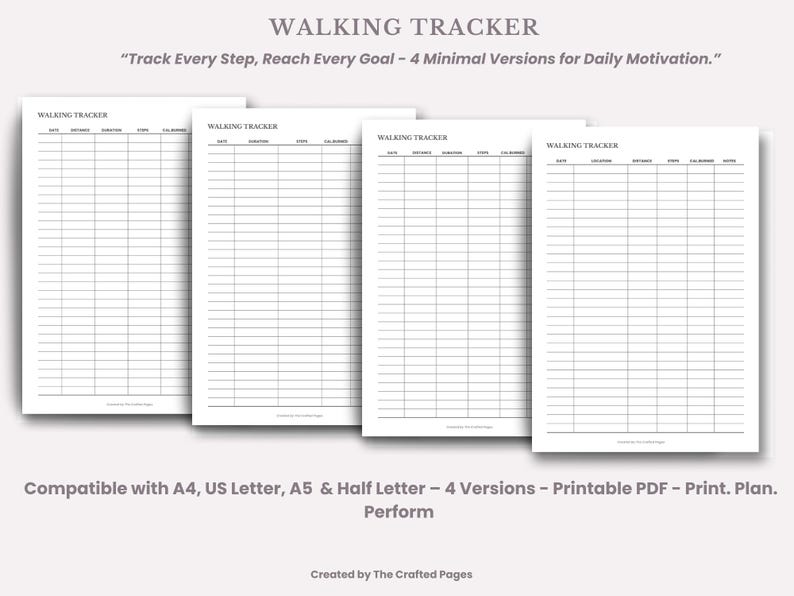 Printable Walking Tracker | Daily Step & Distance Log (PDF)- 4 Sizes- 4 ...