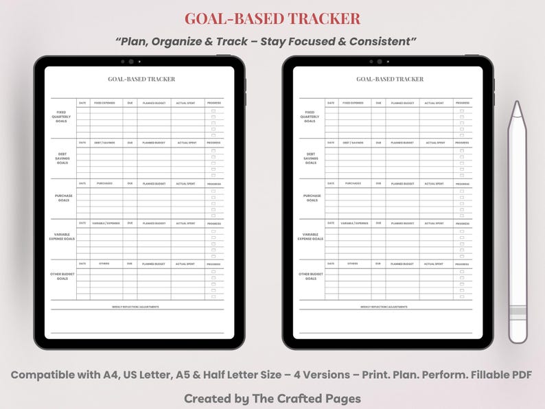 Goal-based Tracker – 4 Versions – Printable & Fillable PDF- 4 Sizes( A4 ...