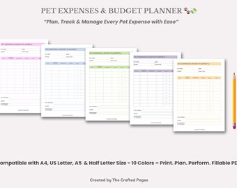 Pet Expenses Budget Planner: Printable Fillable PDF, 4 Sizes-10 Colors