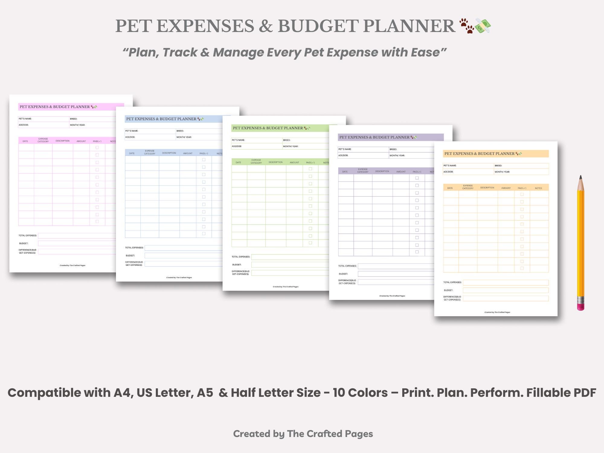 Pet Expenses Budget Planner: Printable Fillable PDF, 4 Sizes-10 Colors ...