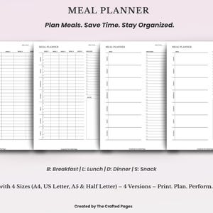 Planer posiłków do druku – 4 wersje, 4 rozmiary – Tygodniowy plan posiłków w formacie PDF