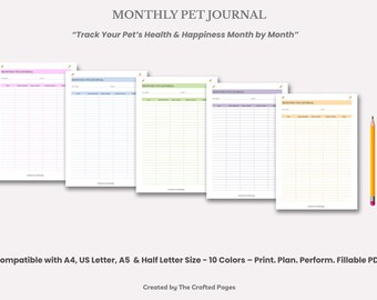 Monthly Pet Journal – A Month of Care, All in One Page | 10 Colors, 4 Sizes
